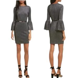 Ted Baker Black Hanneh Metallic Sheath Dress Sz 12 NEW Closet Staple Bell Sleeve